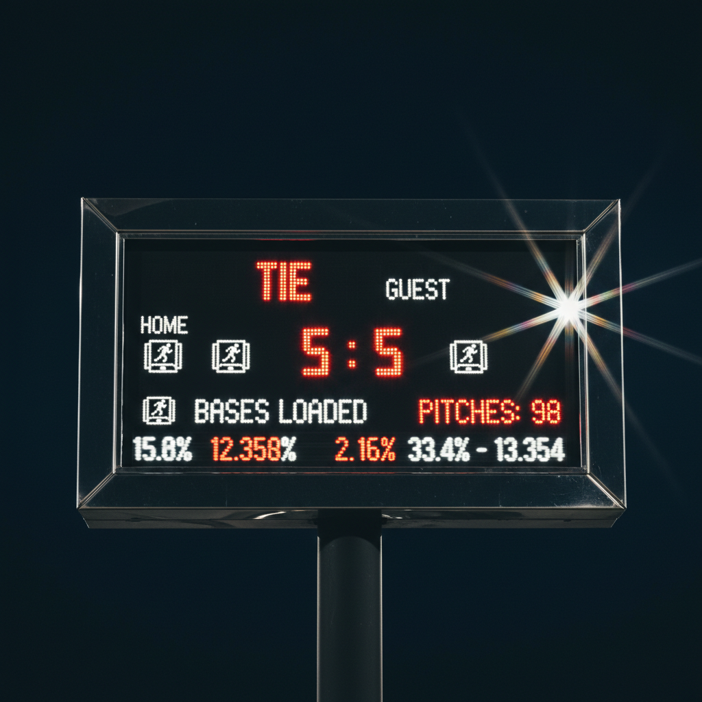A dramatic photographic close-up of a polished black digital scoreboard panel showing a generic high-leverage late-inning situation: tied score, runners on base icons lit, and a high pitch count glowing in vivid LED numerals. Below, a subtle strip of tiny odds and percentages appears as an abstract representation of live betting lines, intentionally illegible but clearly numerical. The surrounding metal frame shows faint reflections of stadium lights. Nighttime stadium lighting creates strong contrast, with the illuminated numbers floating against deep darkness. Shot straight-on with a tight, symmetrical composition and shallow depth of field that softly blurs the outer edges, the mood is tense, tactical, and data-centric, ideal for articles about game theory, leverage situations, and betting angles.