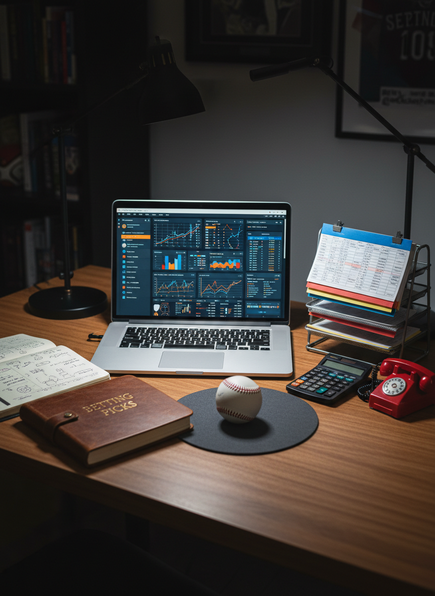 A neatly arranged wooden desk setup for a serious baseball blogger, featuring an open laptop displaying a stylized but unreadable baseball stats dashboard, a worn leather-bound notebook of betting picks, and a single clean baseball placed on a dark mousepad. A stack of color-coded stat sheets and a calculator sit to one side, with a small metal bullpen phone replica as a subtle accent. Cool, even desk lamp lighting pools over the workspace, leaving the background in soft shadow. Photographed from a slightly elevated three-quarter angle with moderate depth of field, the composition is balanced and uncluttered. The atmosphere feels professional, data-driven, and focused, perfect for in-depth analysis and wagering strategy in photographic realism.