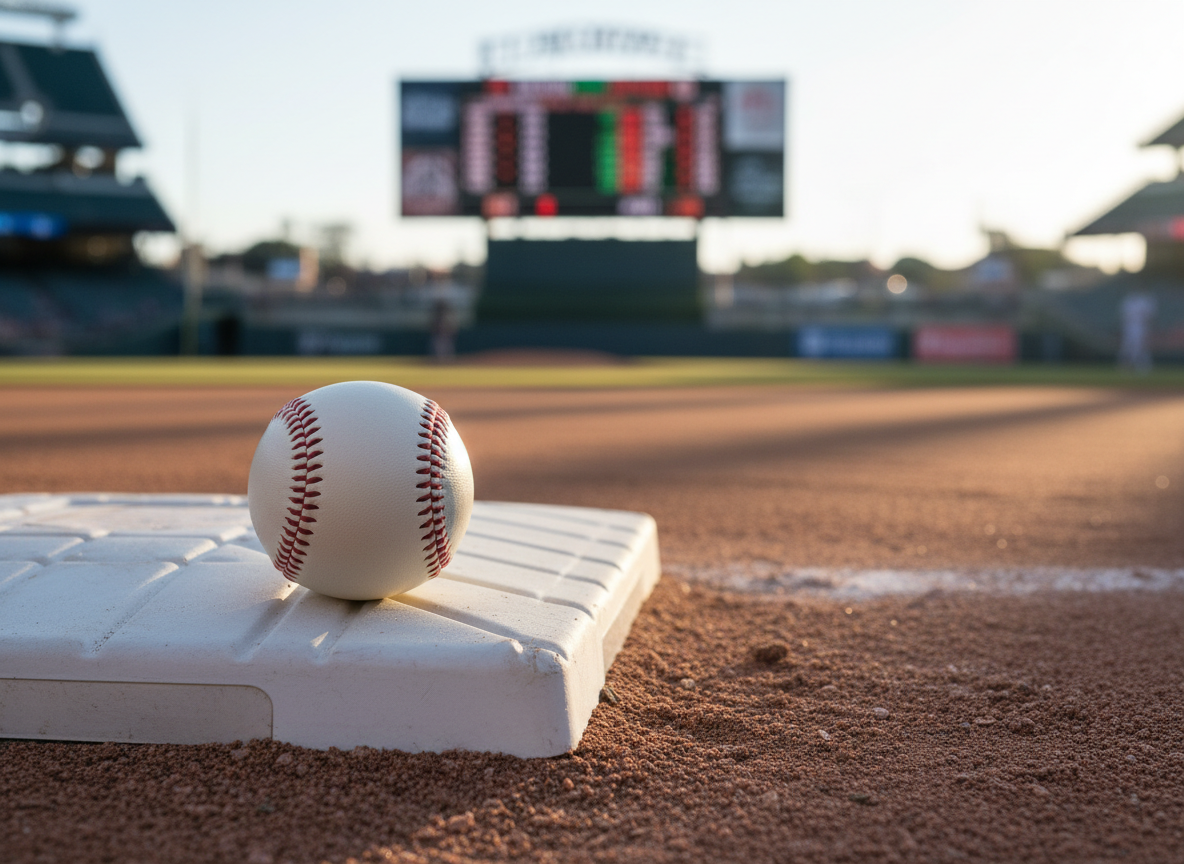 A pristine new baseball resting exactly on the edge of home plate, its bright white leather and deep red stitching rendered in sharp photographic detail. The dirt around the plate shows subtle scuffs and chalk lines, suggesting recent action without showing any players. Late afternoon stadium light spills across the infield, casting a long, crisp shadow from the ball toward the pitcher’s mound. In the softly blurred background, an out-of-focus scoreboard glows with generic numbers. Shot at a low, eye-level angle from behind the plate with shallow depth of field, the mood is serious and analytical, evoking strategic thinking and in-depth baseball analysis in a clean, modern, realistic style.