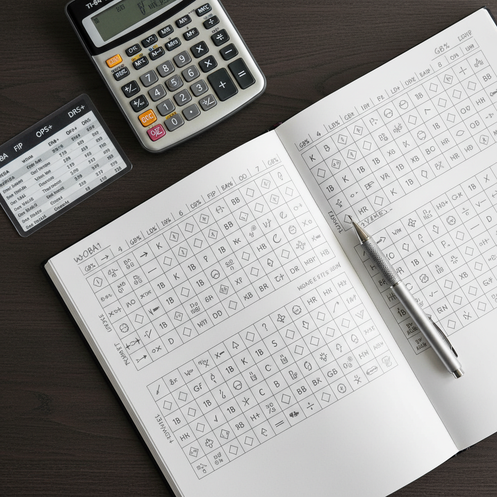 A close-up overhead view of a meticulously organized scorebook spread open to a filled-in inning, the tiny diamonds marked with precise pencil notation and cryptic symbols of sabermetric tracking. A sharpened mechanical pencil, an advanced graphing calculator, and a laminated card of league-wide advanced metrics are carefully placed around the book. The surface is a dark, matte wood table that contrasts with the bright white pages. Soft, diffused daylight from an unseen window washes evenly across the scene, minimizing harsh shadows. The mood is studious and analytical, suggesting deep statistical breakdowns. The composition uses top-down photographic realism with sharp focus throughout, emphasizing order, precision, and the intellectual side of baseball rather than on-field action.